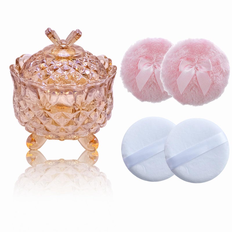Qopoto 5 Pieces Large Body Powder Puff and Powder Container Crystal Case for Dust Puff Powder applicator with Box for Face and Body Amber Butterfly